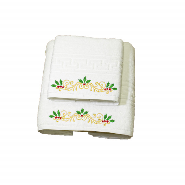 Set 2 Prosoape baie Brodate, Model Craciun 2, Prosoape HOTEL, bumbac 100%, alb, 70x140cm+50x90cm-680gr/mp