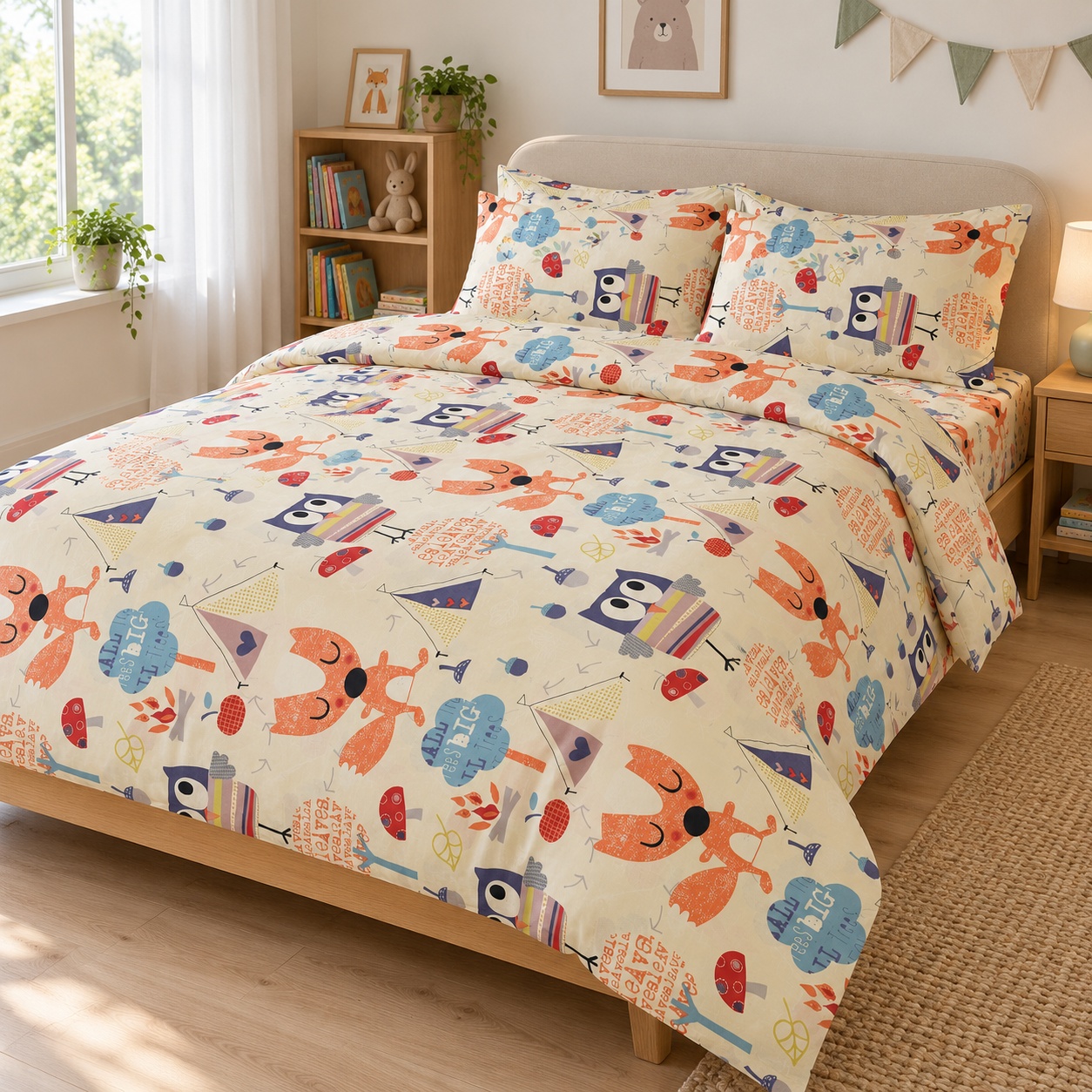 Lenjerie de pat copii Vulpi și bufnițe, bej – Hotel Supplier, 4 piese, ranfors 100% bumbac, 130 g/m²