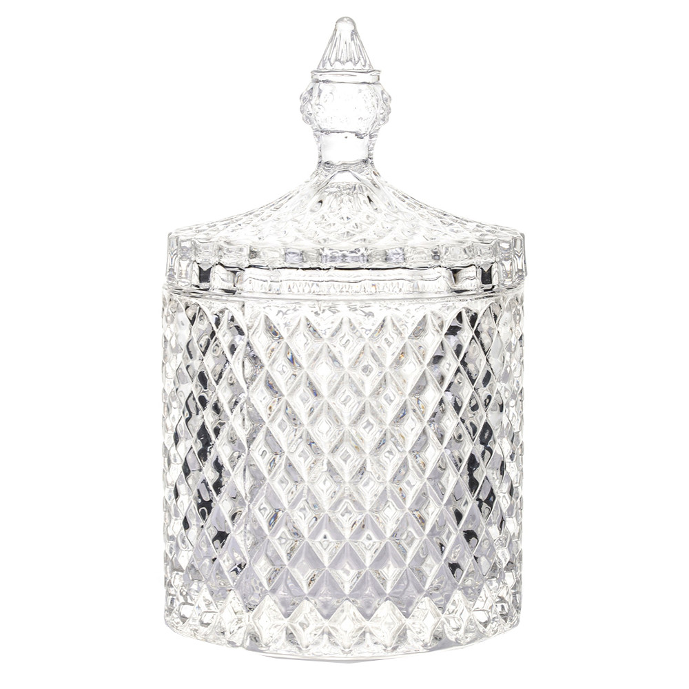 Bomboniera eleganta Pufo Luxury din sticla cu capac, 14 cm, transparent