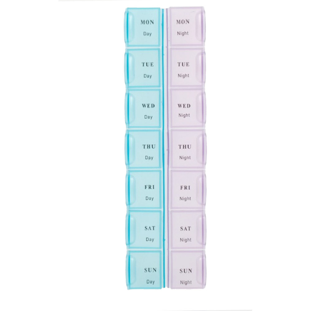 Cutie organizator pufo pentru medicamente, vitamine sau suplimente pe saptamana cu doua compartimente pe zi, mov-roz/albastru