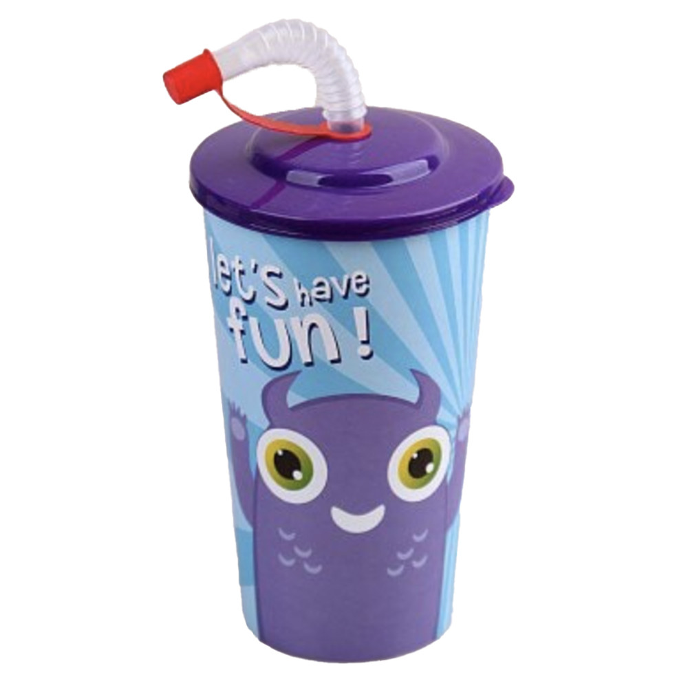 Pahar apa pentru copii, cu pai si capac, model Monstrul Fericit, 650 ml