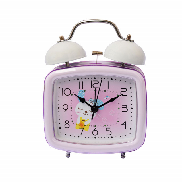 Ceas de masa desteptator pentru copii pufo joy, cu buton de iluminare cadran, 16 cm, model happy bunny, patrat