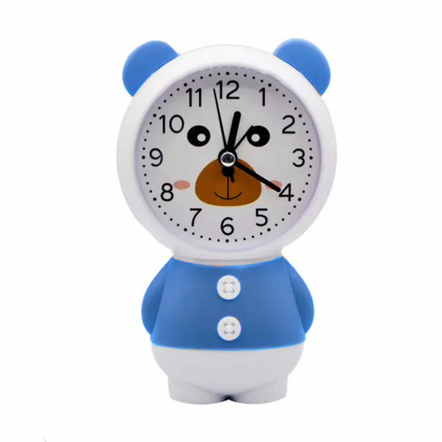 Ceas de masa desteptator pentru copii pufo, model ursuletul zambarici, 16 cm, alb/albastru
