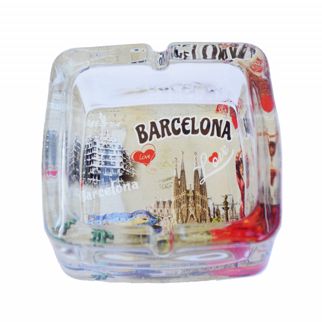 Scrumiera pufo din sticla, model love barcelona, 9,5 cm