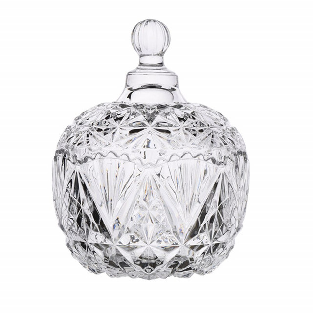 Bomboniera eleganta Pufo Elegant din sticla cu capac, 19 cm, transparent