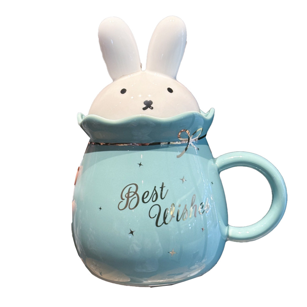 Cana ceramica cu capac pufo bunny, pentru cafea sau ceai, 500 ml, verde