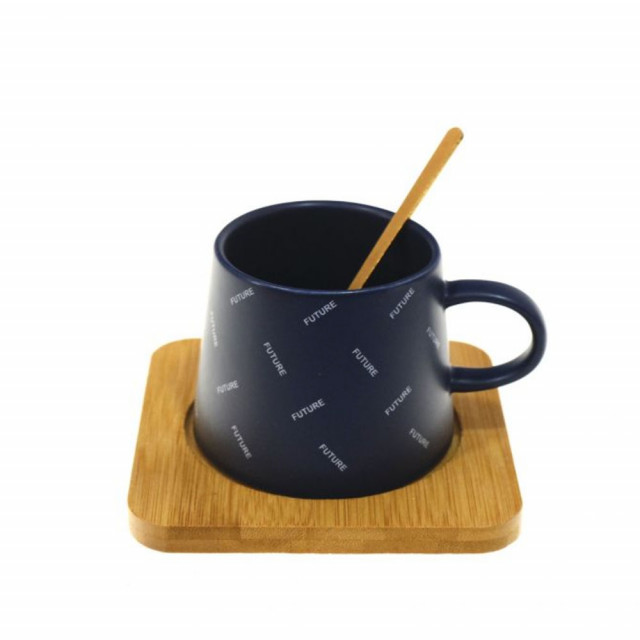 Cana ceramica cu suport din lemn si lingurita pufo future pentru cafea sau ceai, 220 ml, albastru