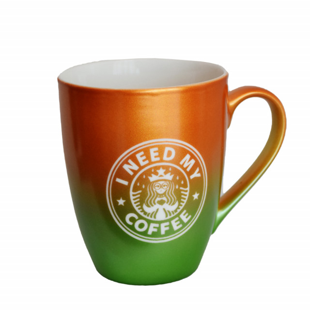 Cana ceramica pufo need coffee, pentru ceai, cafea, suc, 360 ml, galben/verde