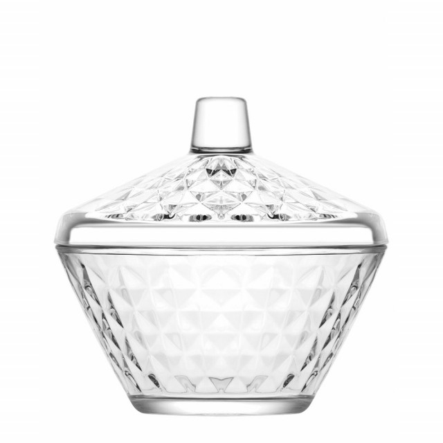 Bomboniera eleganta pufo diamond din sticla cu capac, 11 cm, transparent