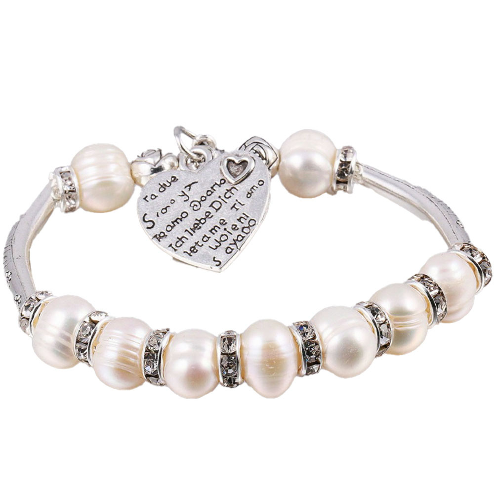 Bratara perle naturale de cultura albe, cu pandantiv in forma de inima si pietricele argintii