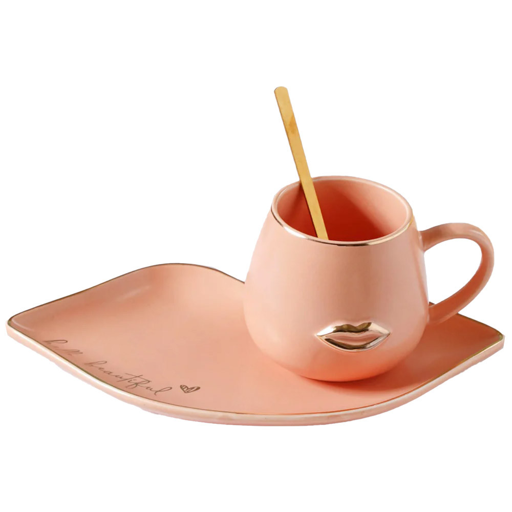 Cana ceramica cu farfurie si lingurita pufo beautiful pentru cafea sau ceai, 180 ml, bej inchis