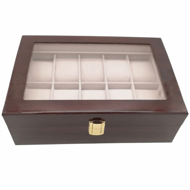 Cutie caseta din lemn pentru depozitare si organizare 10 ceasuri, model pufo premium, maro inchis