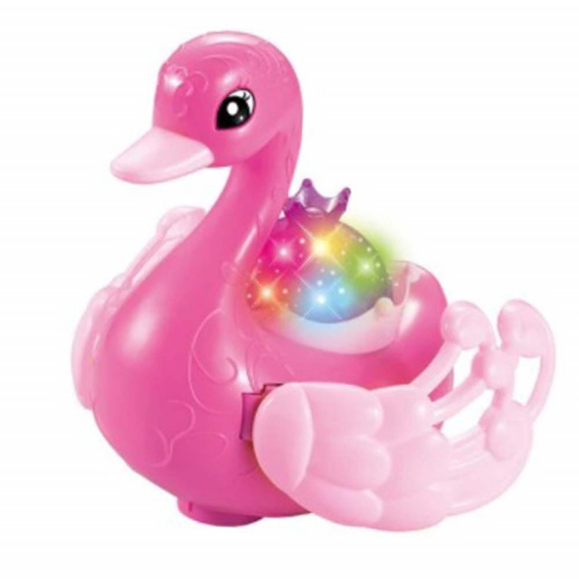 Jucarie interactiva pentru copii lady pinky swan in forma de lebada, rotire 360°, cu lumini si baterii,roz