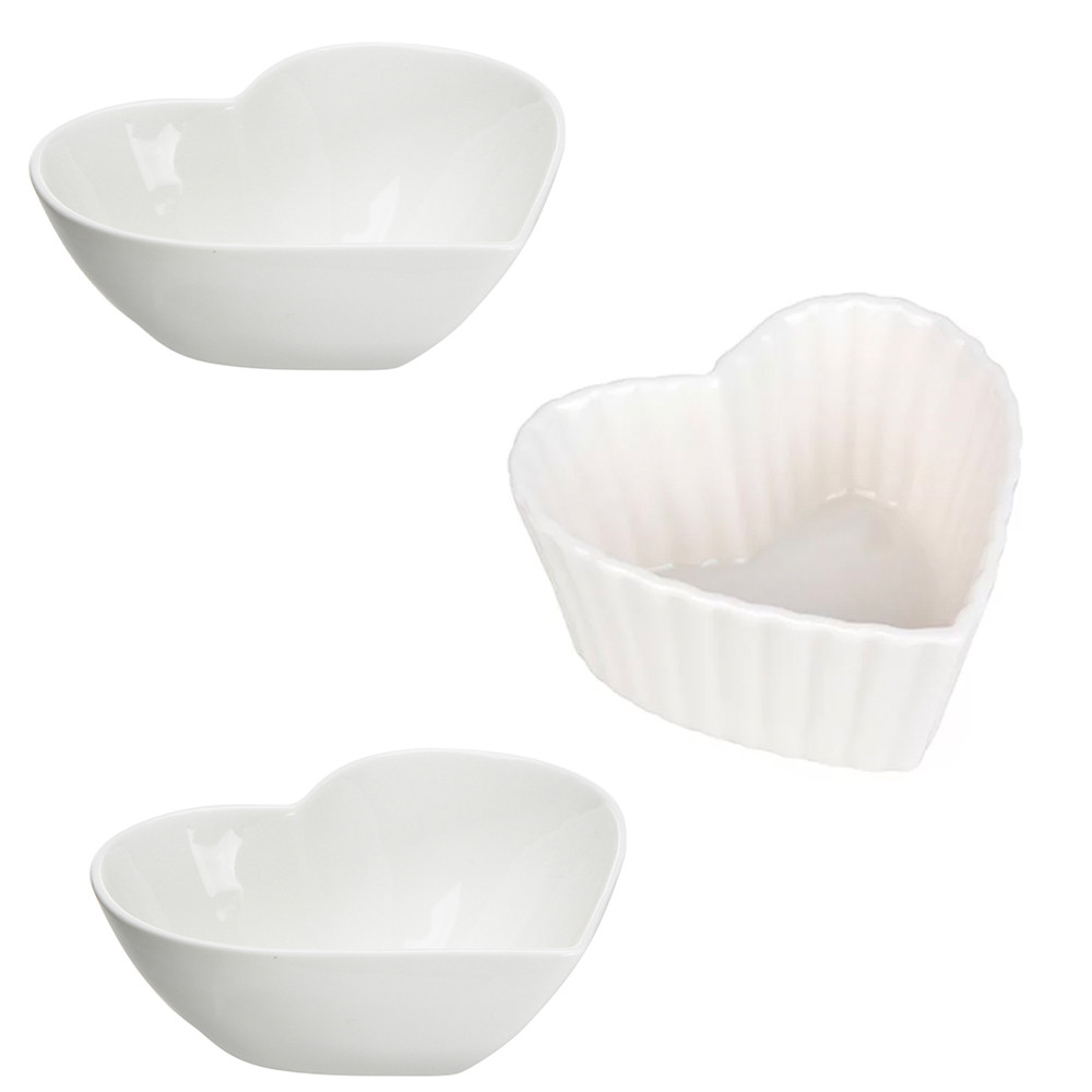 Set 3 boluri din ceramica Pufo Heart pentru aperitive, desert, sosiera, albe