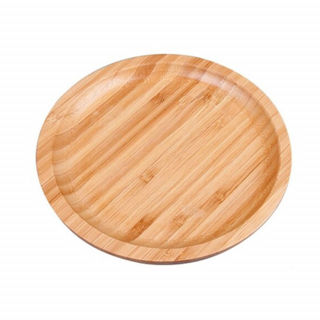 Platou rotund pufo din lemn de bambus pentru servire alimente, aperitive, dulciuri, pizza, 25 cm, maro