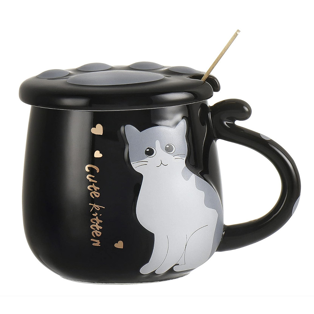 Cana cu capac din ceramica si lingurita Pufo Sweet Kitty pentru cafea sau ceai, 300 ml, negru