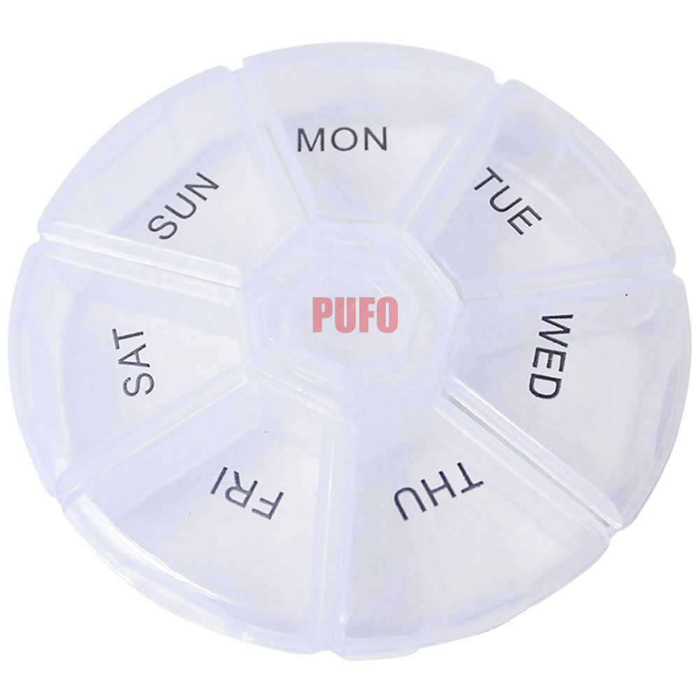 Cutie rotunda pentru organizare medicamente, vitamine sau suplimente pentru o saptamana,pufo pill, 9 cm, transparent