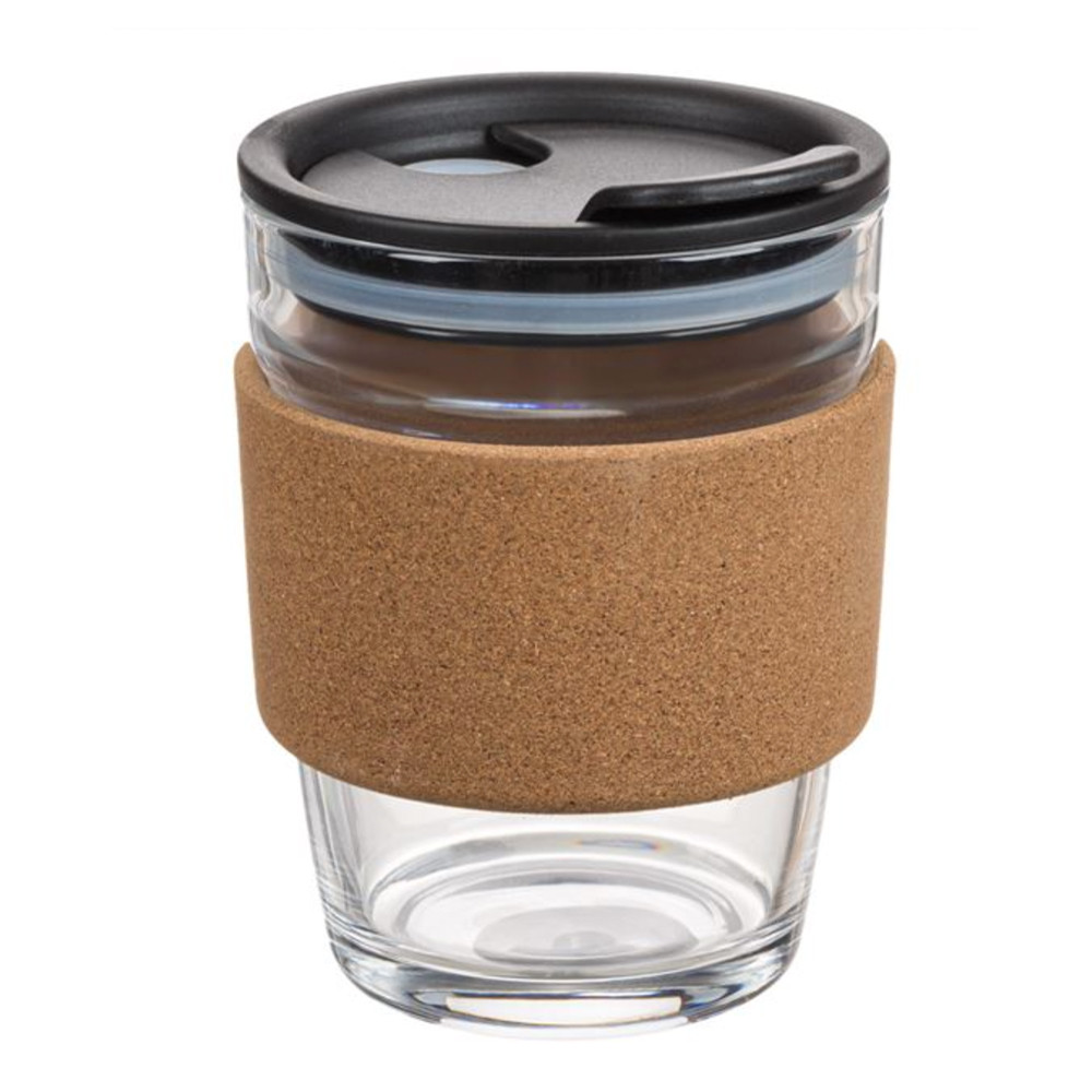 Cana de voiaj pufo din sticla cu protectie termica de pluta pentru cafea sau ceai, 300 ml, transparent
