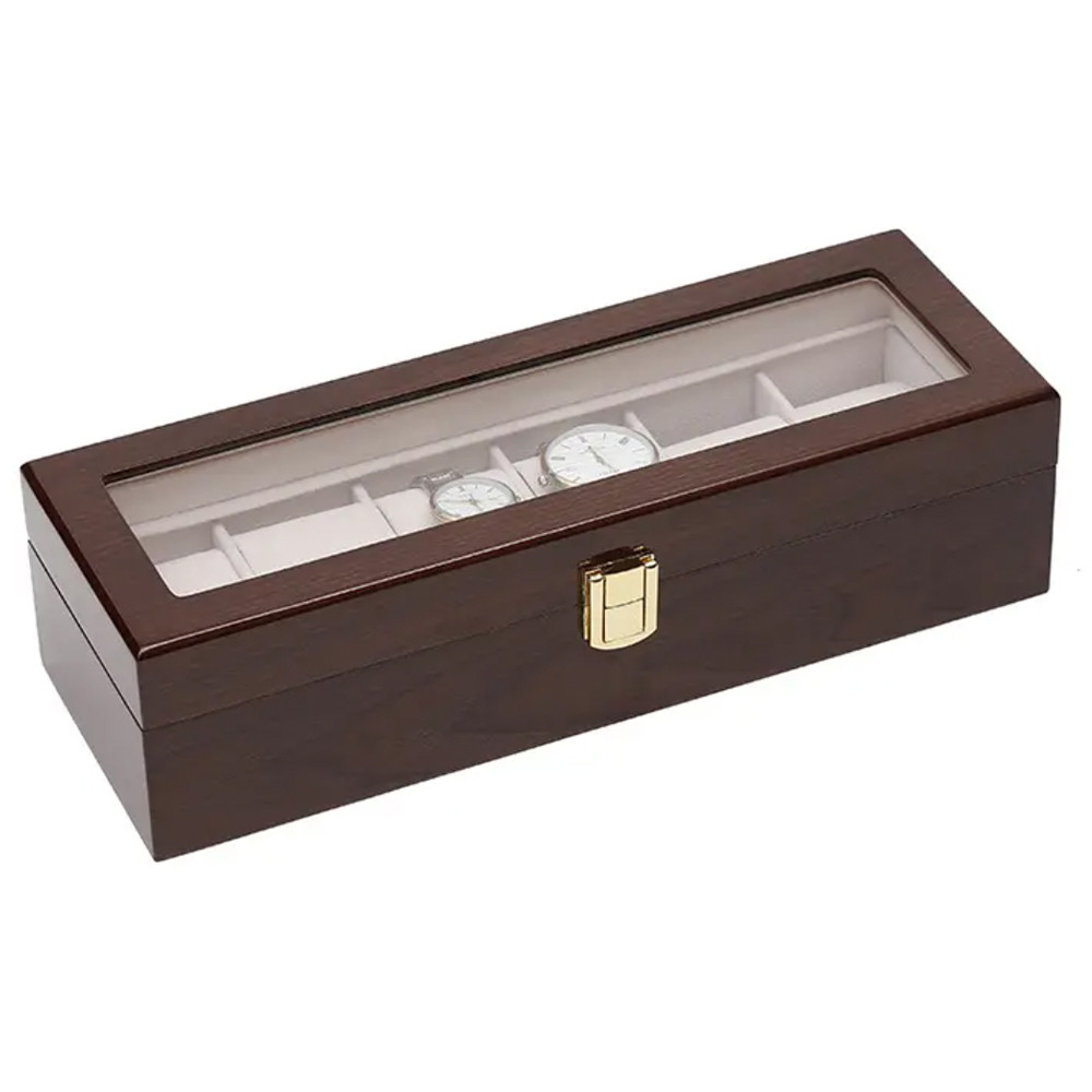 Cutie caseta din lemn pentru depozitare si organizare 6 ceasuri, model pufo premium, maro inchis
