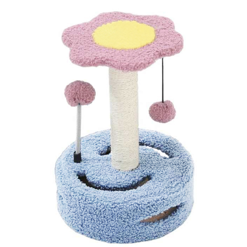 Ansamblu de joaca pufo flower pentru pisici, cu stalp pentru zgariat si minge, 33 cm, albastru/roz