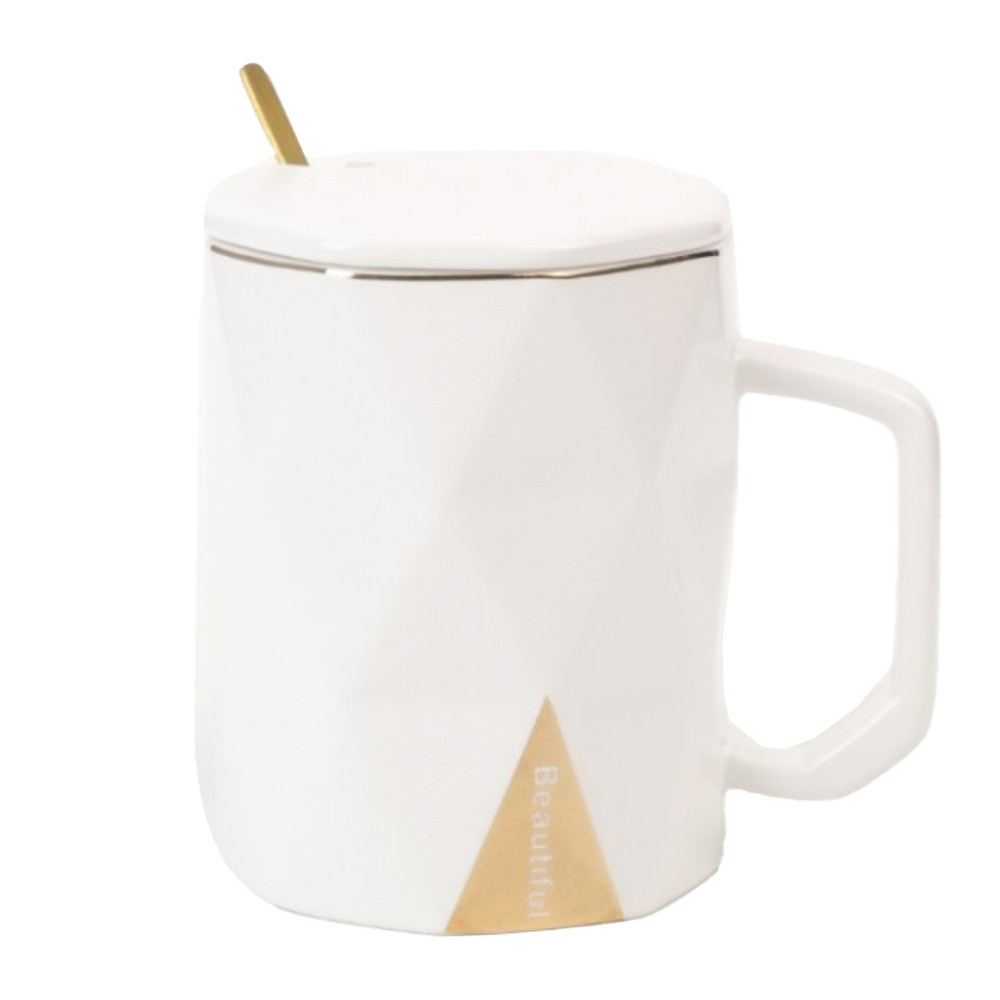 Cana cu capac din ceramica si lingurita pufo hey beautiful pentru cafea sau ceai, 350 ml, alb