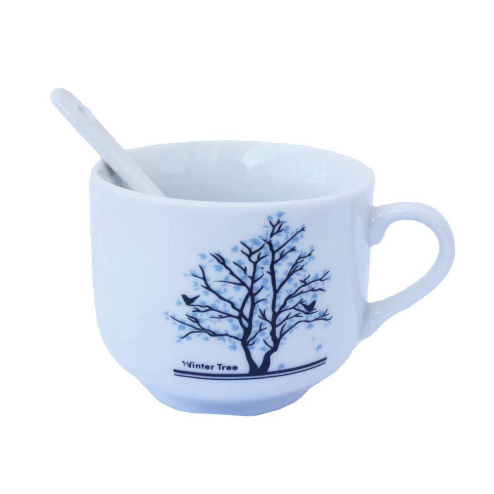 Ceasca din ceramica si lingurita pufo winter tree, 120 ml, alb