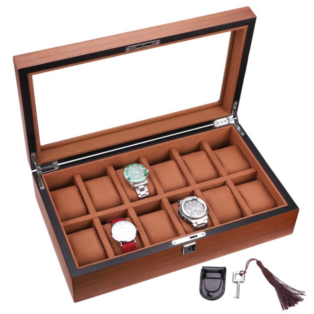 Cutie caseta din lemn pentru depozitare si organizare 12 ceasuri, model pufo elite edition cu cheita, maro