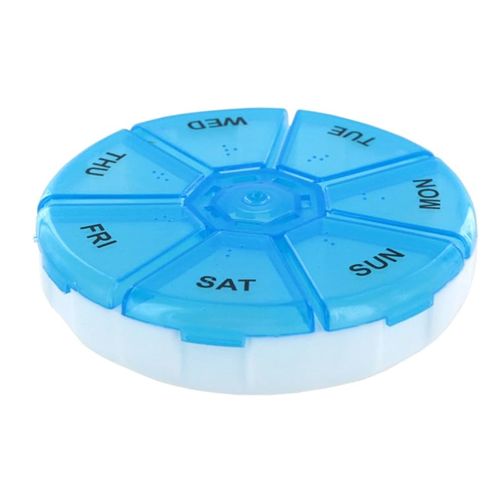 Cutie rotunda pentru organizare medicamente, vitamine sau suplimente pentru o saptamana,pufo pill, 9 cm, albastru