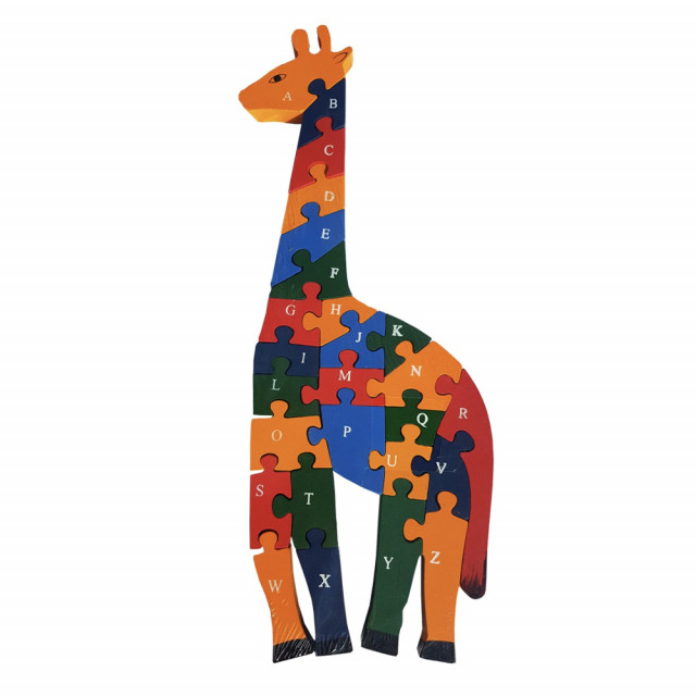Puzzle din lemn pufo pentru copii cu numere si cifre, model girafa, 26 piese, 39 cm