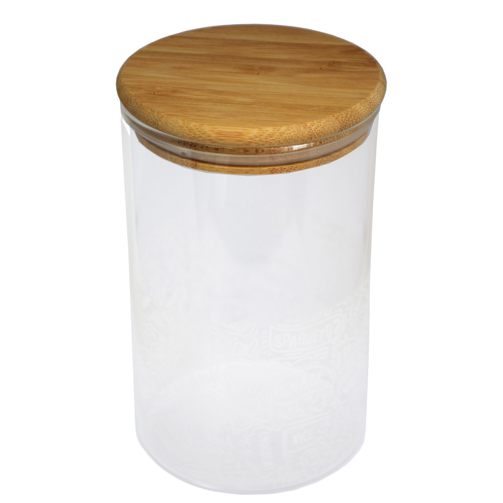 Recipient din sticla borosilicata Pufo Taste pentru zahar, cafea, ceai sau condimente, cu capac ermetic din bambus, 1L