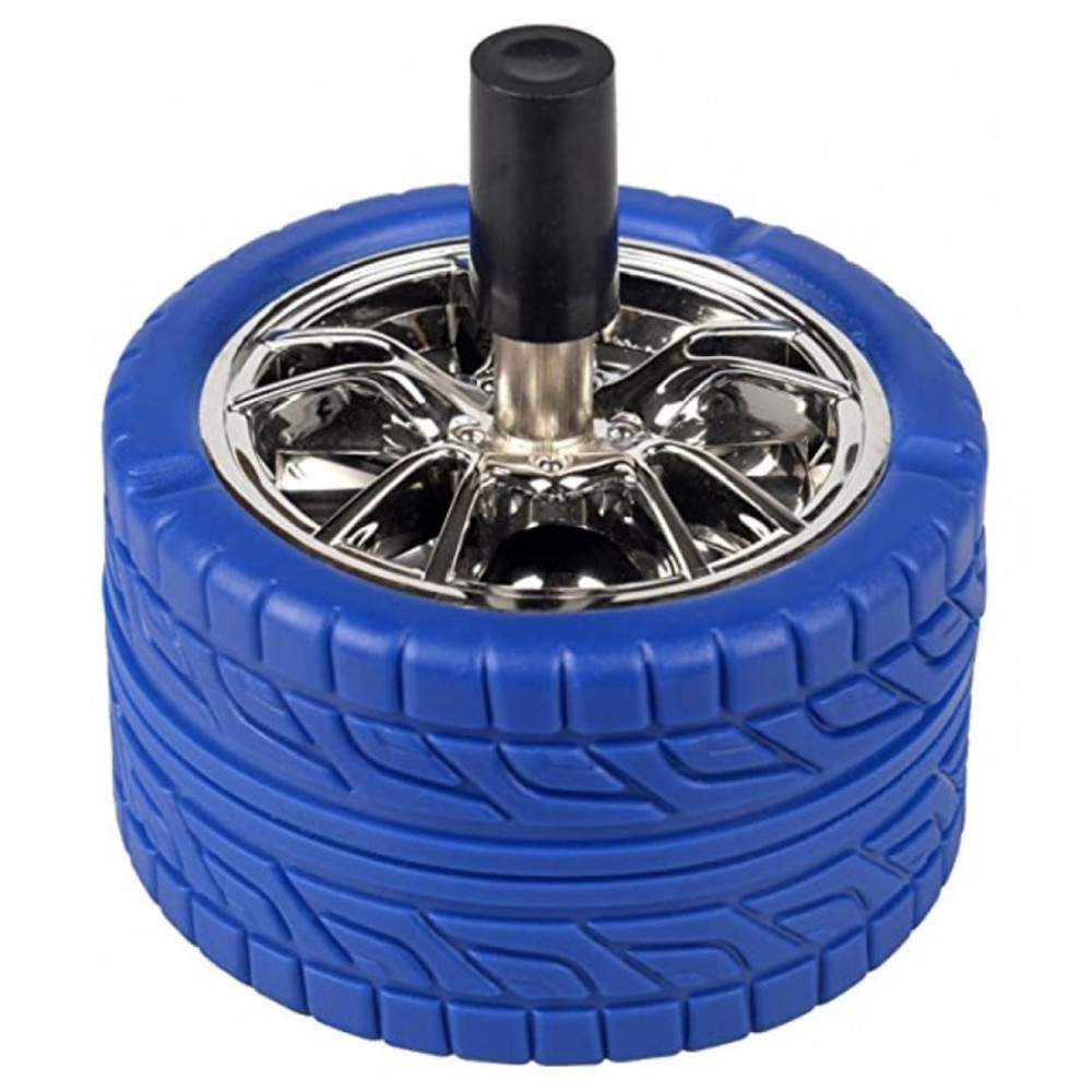 Scrumiera metalica pufo angry wheel, antivant cu buton, 10 cm, albastru/ argintiu