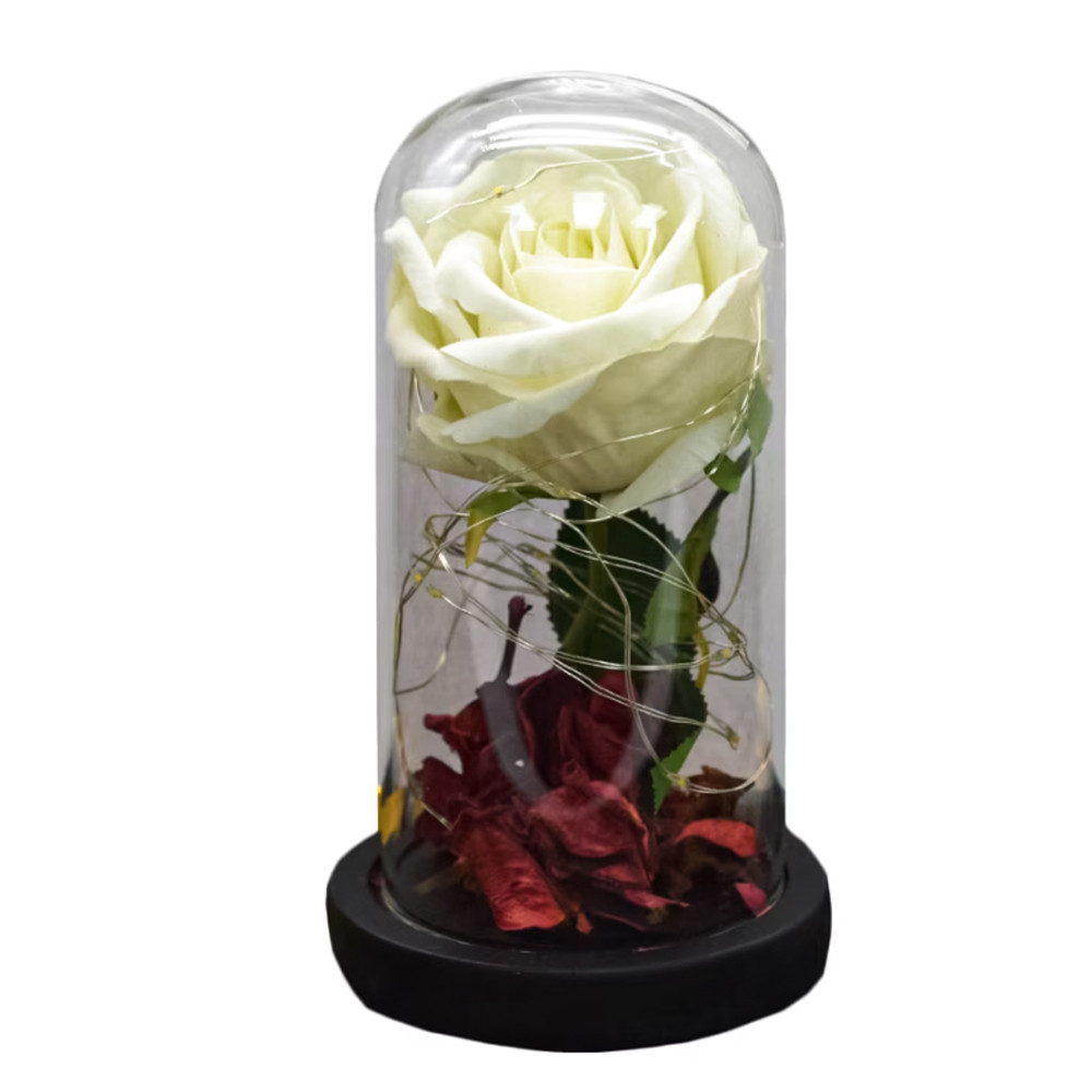 Trandafir in cupola de sticla Pufo Sparkle Rose, decorat cu lumini LED, 21 cm, alb