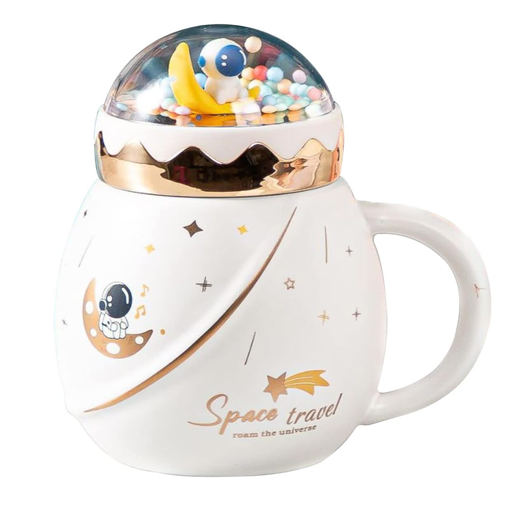 Cana cu capac tip ceainic din ceramica pufo travel the space pentru cafea sau ceai, 500 ml, alb