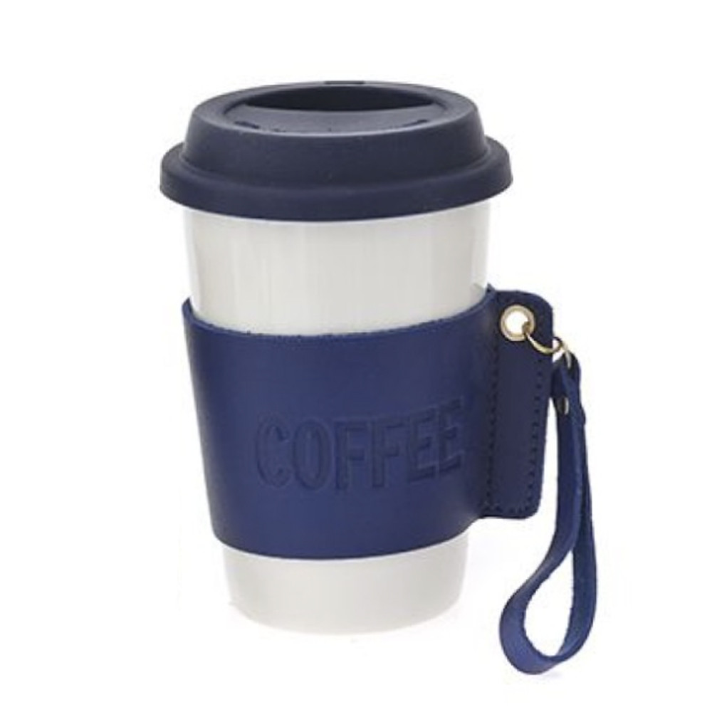Cana de voiaj pufo love coffee din ceramica cu protectie termica pentru cafea sau ceai, 415 ml, alb/albastru