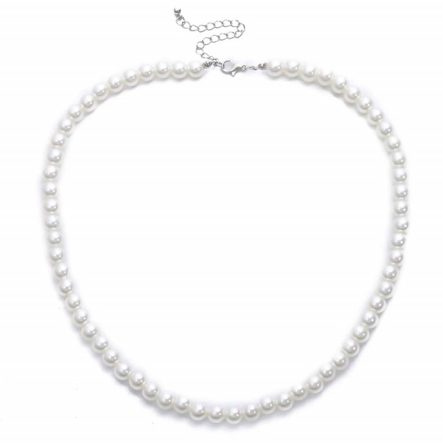 Colier de dama cu perle mici albe, acrilice, clasic, pufo