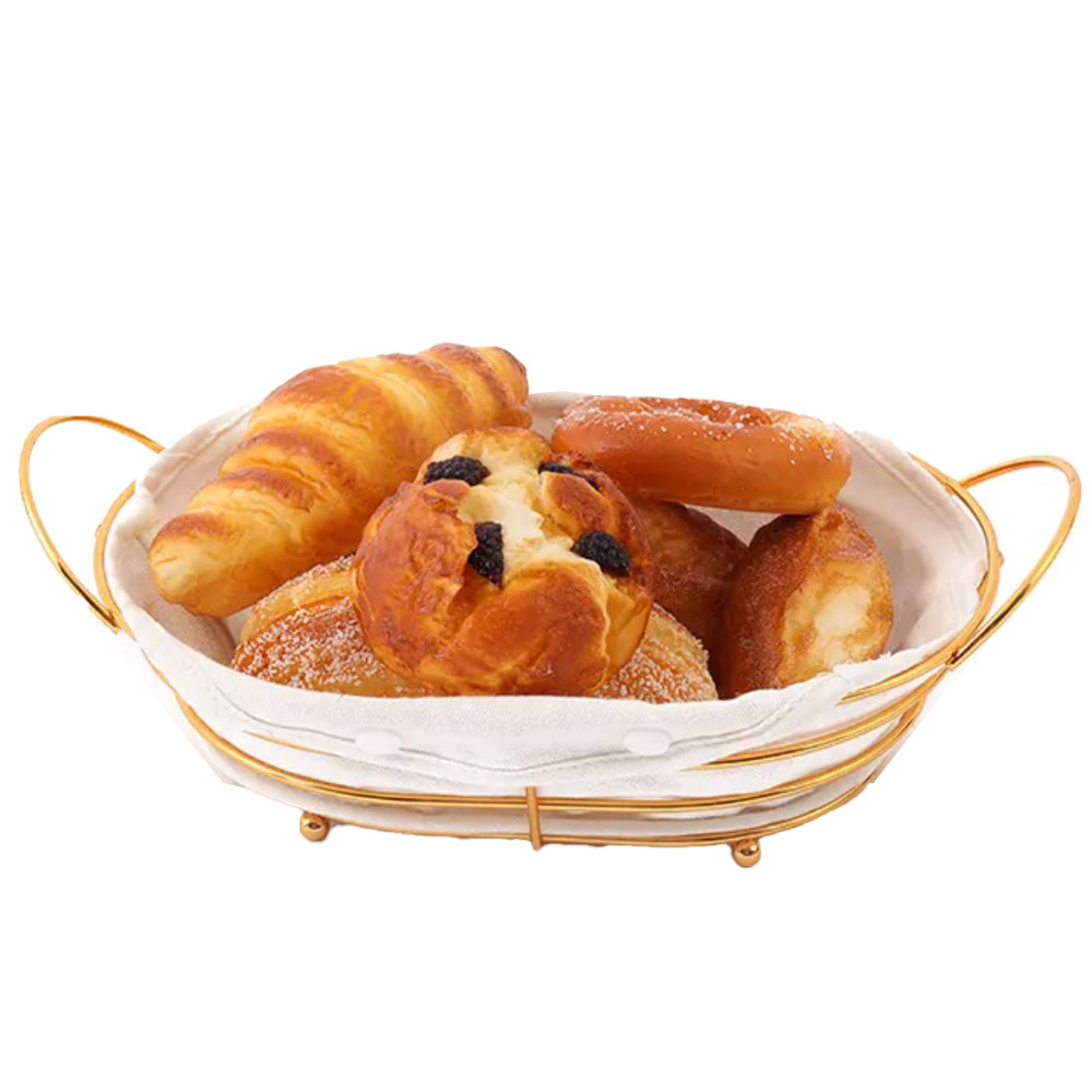 Cos metalic oval pufo de bucatarie pentru servire paine, cu picioruse si husa detasabila textila, 26 x 19 cm, auriu
