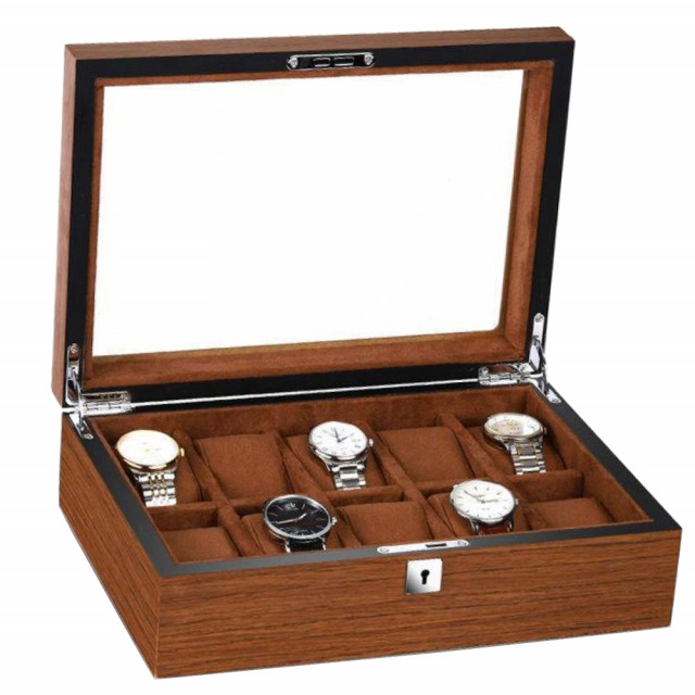 Cutie caseta din lemn pentru depozitare si organizare 10 ceasuri, model pufo elite edition cu cheita, maro
