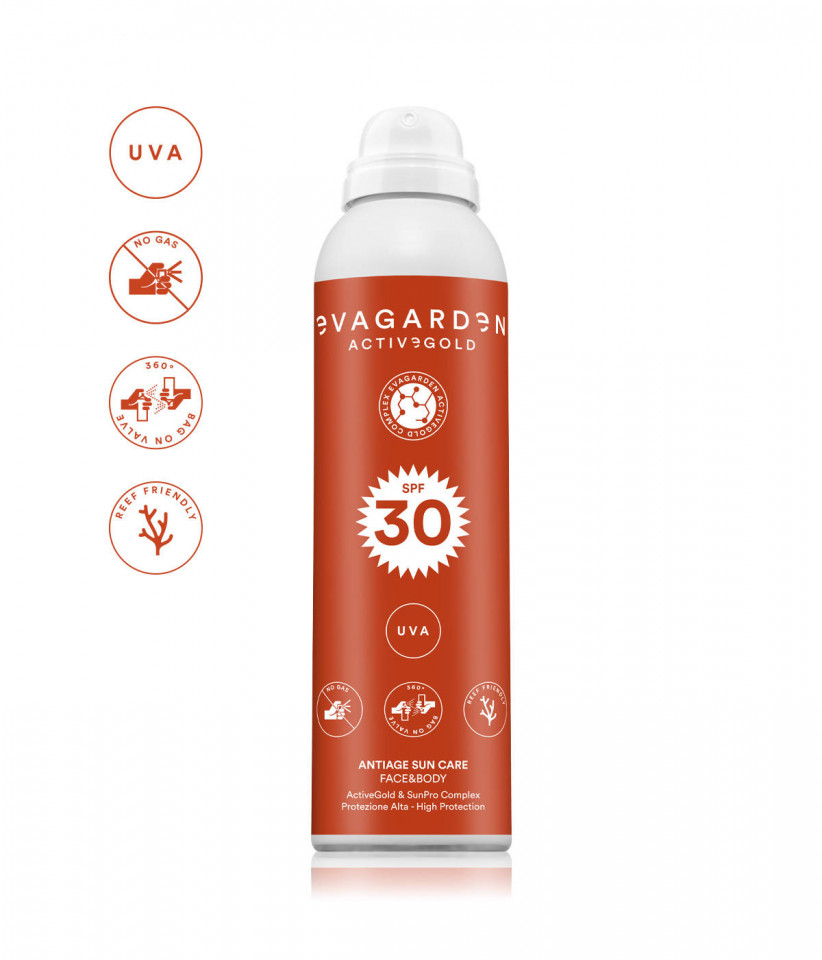Evagarden Spray pentru fata si corp cu protectie solara SPF30 ActiveGold Antiage Sun Care 150ml 150ml imagine noua marillys.ro