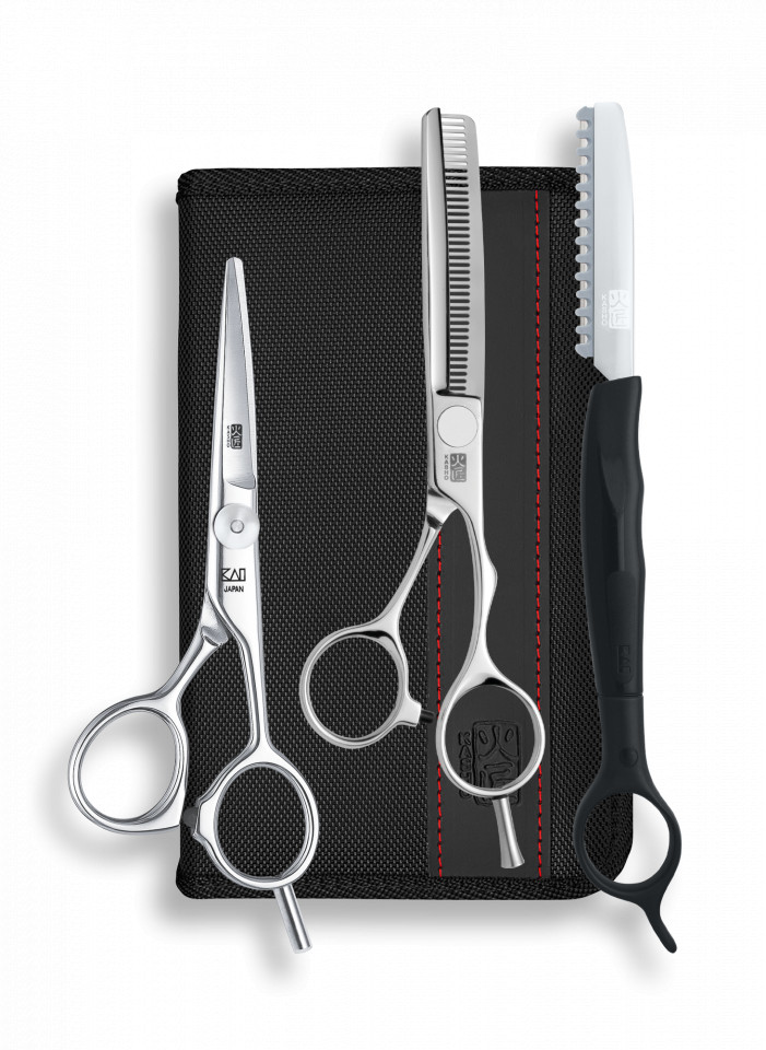 Kasho Set profesional de foarfeci offset Design Master: tuns 5 inch + filat 6 inch 38 dinti tip B KDM-50OS/SET