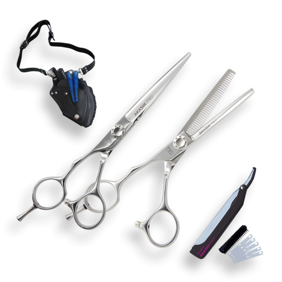 Akashi Light Cut - Set de foarfeci pentru stangaci tuns+filat F60+K55 cu brici si port