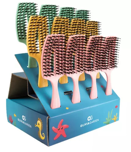 Olivia Garden Display cu 12 perii pentru copii cu peri naturali de mistret+nailon Finger Combo Kids Mini Yellow Combo
