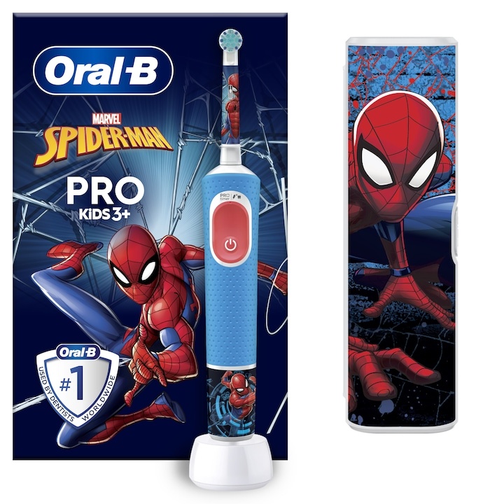 imperios Periuta de dinti electrica Oral-B Pro Kids Spiderman pentru copii, Curatare 2D, 2 programe, 1 capat, 4 autocolante, trusa de calatorie, Albastru