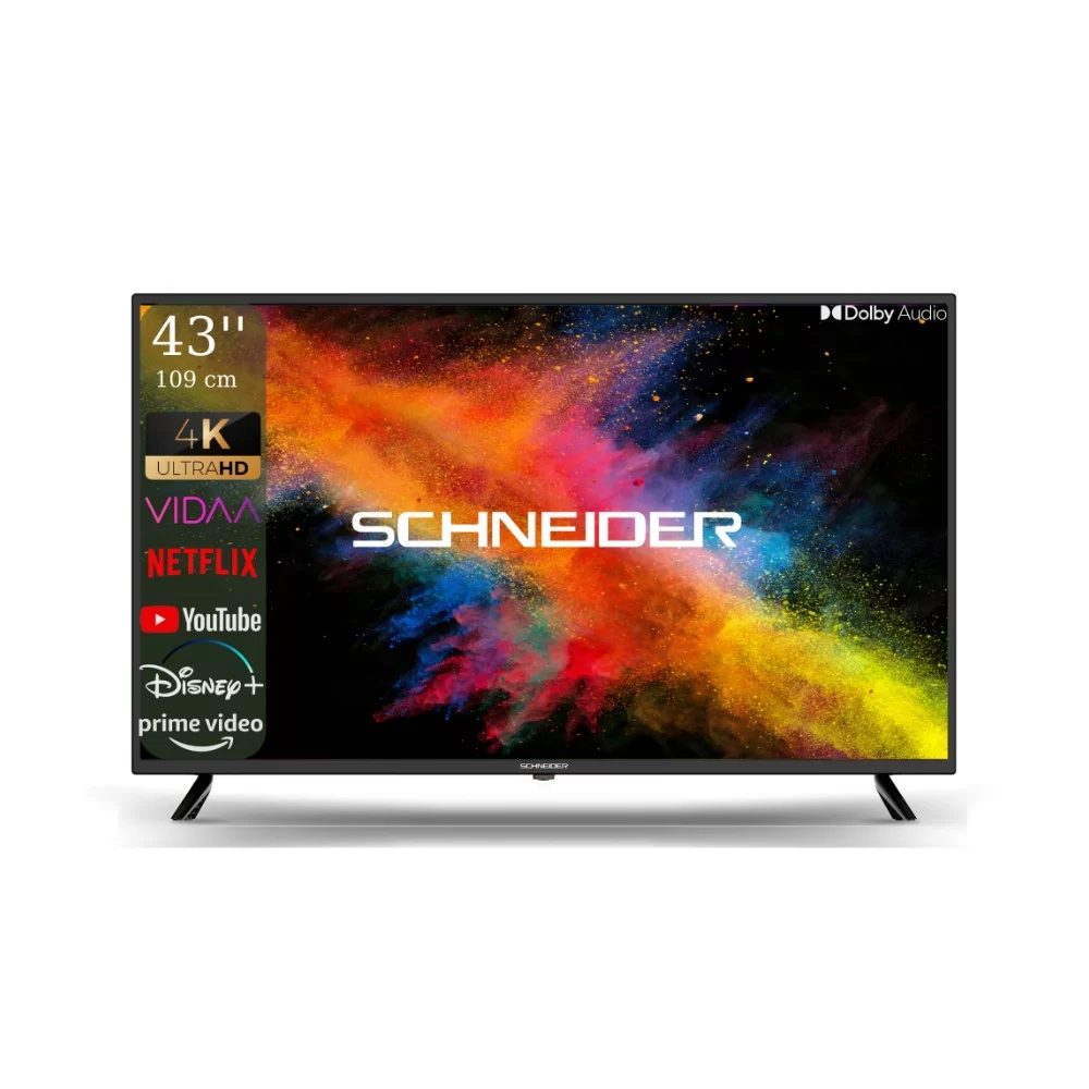 televizor led smart ultra hd, 108cm, philips 43pus6162/12 Televizor Smart SCHNEIDER Ultra HD 4K 43SC691K de 109 cm, Sistem VIDAA OS, Wi-Fi, Netflix, YouTube, Prime Video, Disney Plus, Audio Dolby, Negru,
