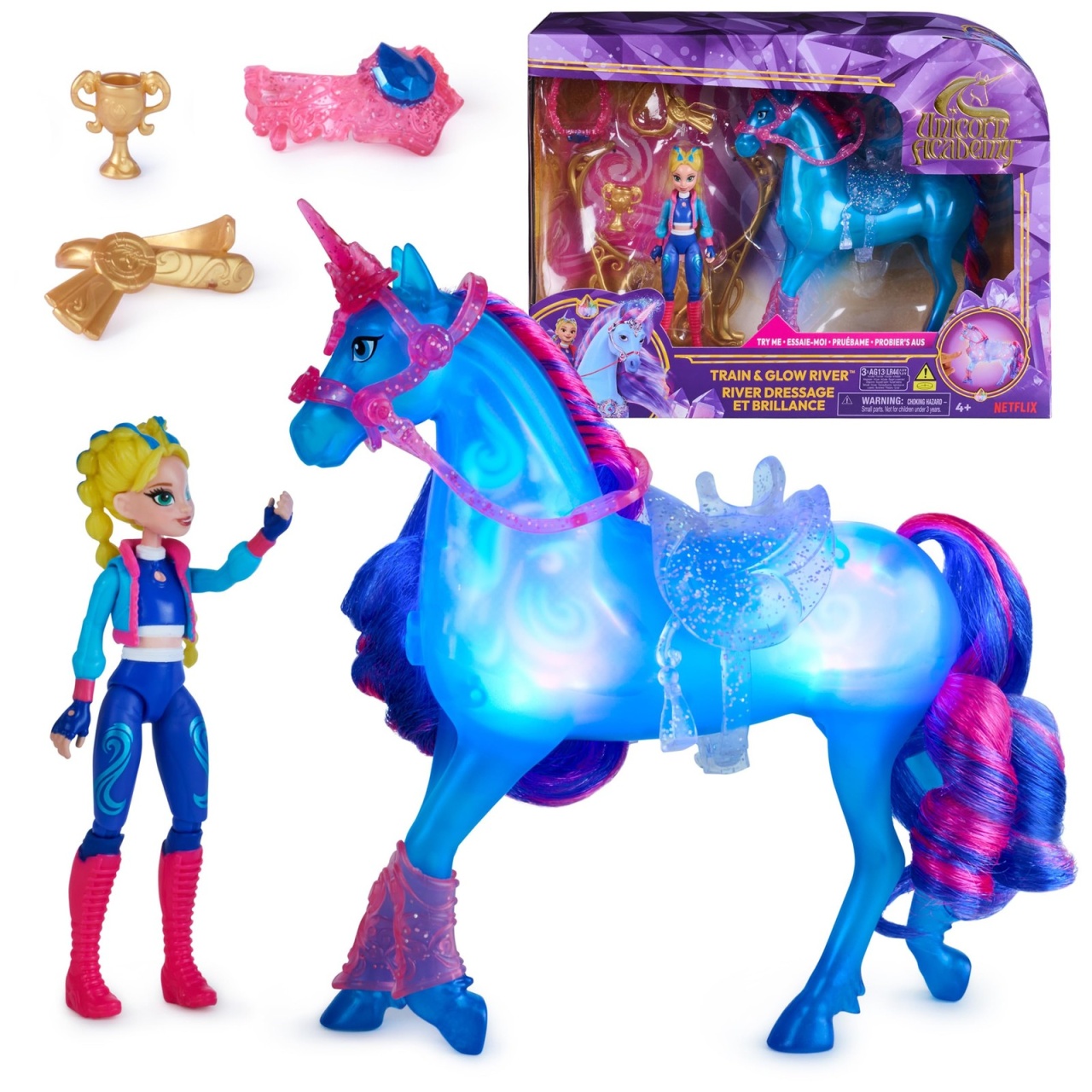 imperios Figurină Unicorn Academy Spin Master - River cu lumini Train & Glow si Papusa Isabel