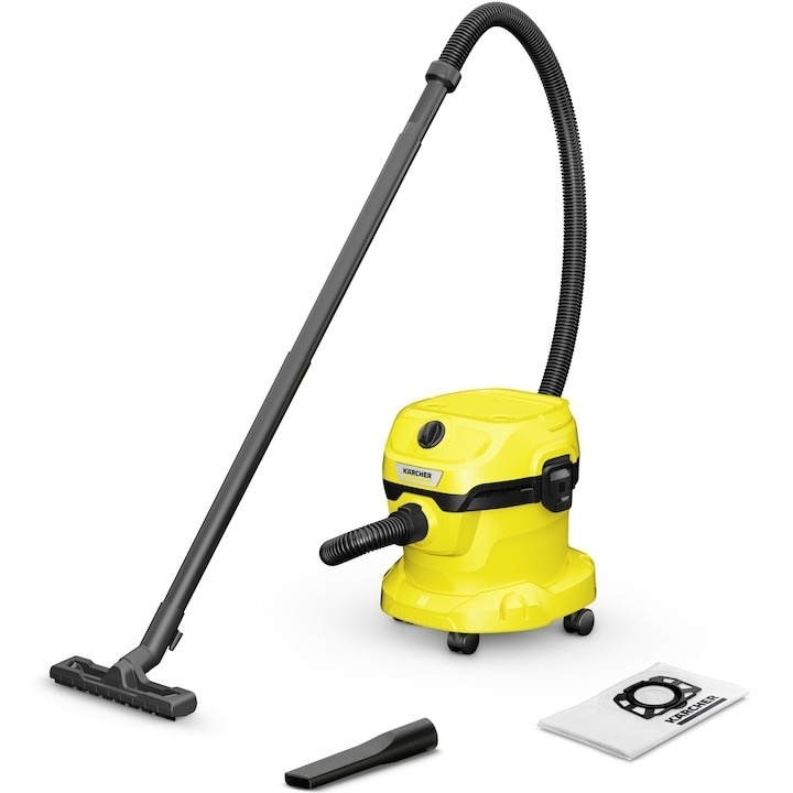 aspirator cu cea mai mare putere de aspirare Aspirator multifunctional Karcher WD 2 Plus V-12/4/18 , Aspirare umeda si uscata, 12 l, furtun, 1.8m, 1000W, functie de suflare, Galben/Negru