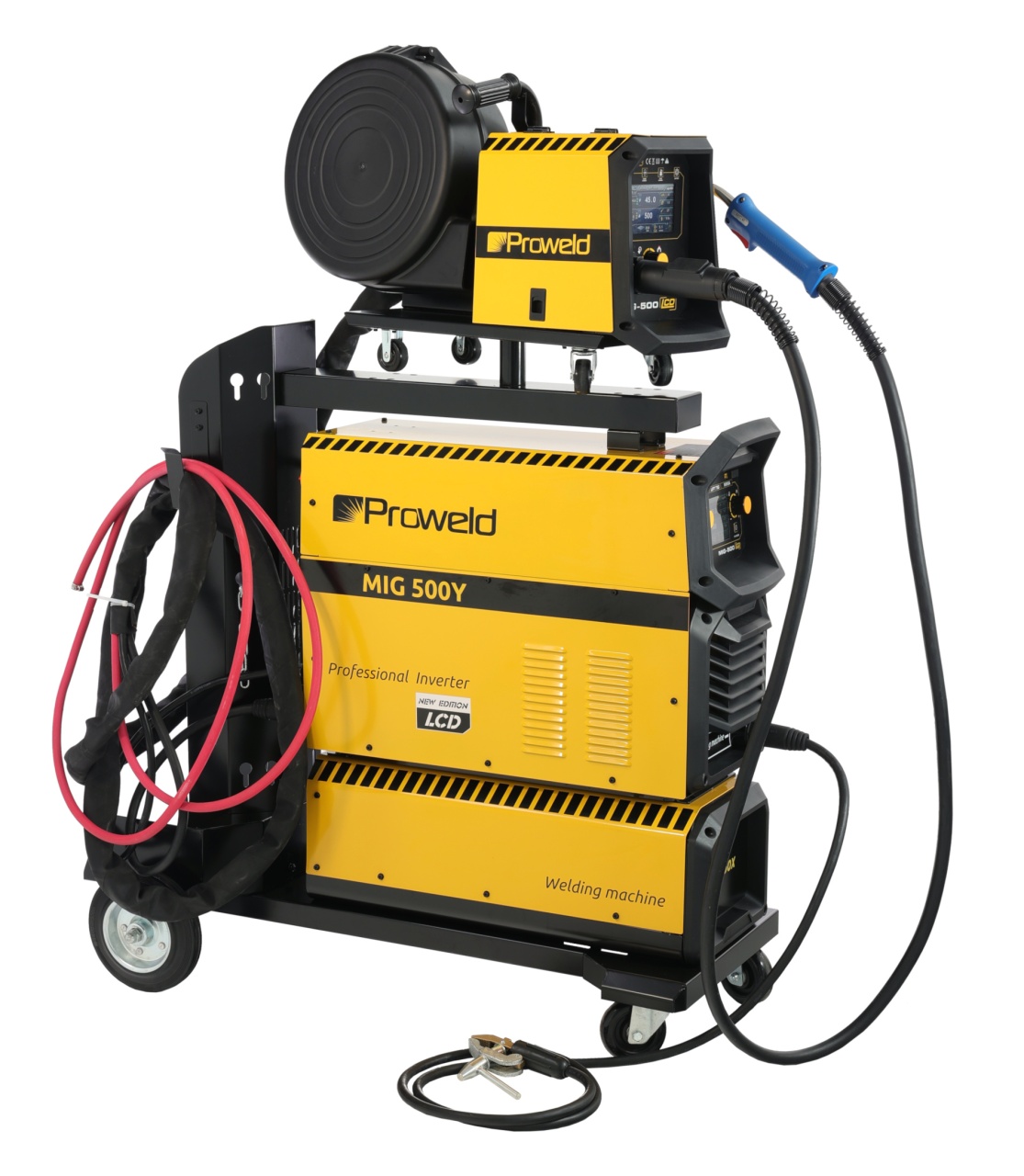 electrozi ProWELD MIG 500Y Stație sudură trifazată 500A pentru Oțel, Inox, Aluminiu, Fontă, MIG/MAG sinergic, TIG Lift, MMA + derulator extern, bobină 15kg,