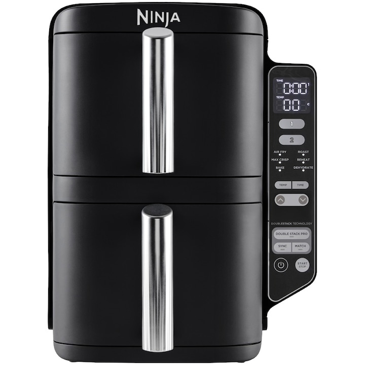 rețete de mâncare la friteuza cu aer cald Friteuza cu aer cald Ninja Double Stack SL300, 2470W, 7.6l, 2 sertare suprapuse cu acoperire ceramica, 2 placi grill din inox, negru