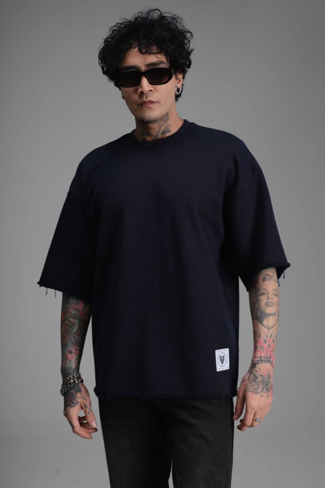 TRICOU BARBATI OVERSIZED NAVY-BLUE RAW EDGE STREETWEAR (MĂRIME: S)