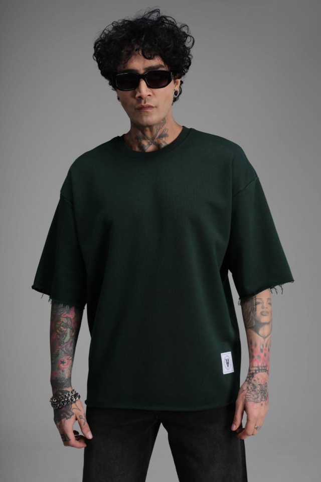 TRICOU BARBATI OVERSIZED DARK-GREEN RAW EDGE STREETWEAR (MĂRIME: XL)