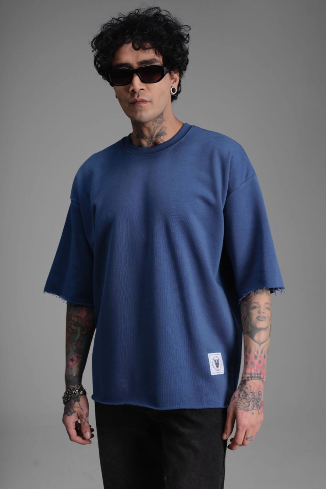 TRICOU BARBATI OVERSIZED INDIGO-BLUE RAW EDGE STREETWEAR (MĂRIME: XL)